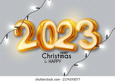 ¡Feliz Año Nuevo 2023! Texto de oro 3D con reflexiones.