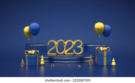 Happy New 2023 Year. 3D Golden metallic numbers 2023 on blue stage podium. Scene platforms with gift boxes and golden metallic pine, spruce trees and festive helium balloons. Vector illustration.