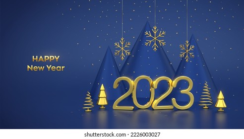 Happy New 2023 Year. 3D Golden metallic numbers 2023 with metallic cone shape pine, spruce trees, gold snowflakes and confetti on blue background. Xmas background, card, header. Vector illustration.