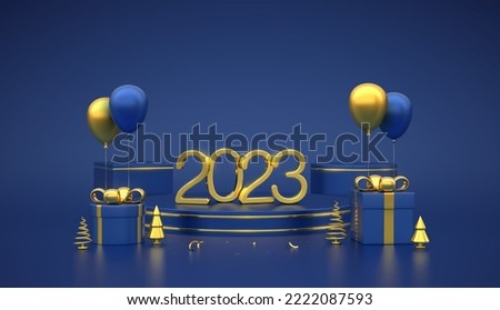 Happy New 2023 Year. 3D Golden metallic numbers 2023 on blue stage podium. Scene platforms with gift boxes and golden metallic pine, spruce trees and festive helium balloons. Vector illustration.