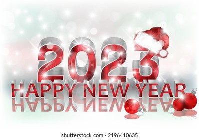 Happy New 2023 year banner with santa claus hat and xmas balls, vector illustration