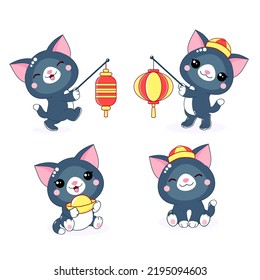 Happy New 2023 Year of the Black Water Cat. Set of cute little cats in kawaii style. Kittens with oriental lanterns, gold ingot, in caps. Isolated on white background. Vector illustration  EPS8