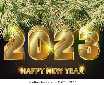 Happy New 2023 year card with xmas tree, vector illustration