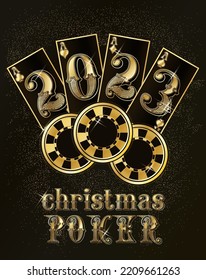 Happy New 2023 year. Christmas Casino  banner  with poker cards and chip, vector illustration