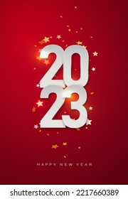 Happy New 2023 Year. Christmas red vector illustration of white numbers 2023 and sparkling golden glitters pattern. Realistic 3d flat sign. Happy New poster or banner design