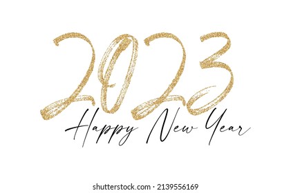Feliz nuevo año 2023 Texto elegante de brillo dorado con luz. Plantilla de texto mínima.