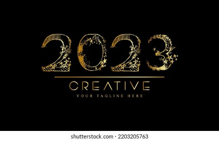 Happy new 2023 year Elegant gold text with golden color. Minimalistic text template.