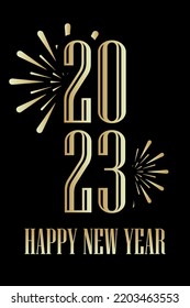 Happy new 2023 year Elegant gold text with light. Minimalistic text template.