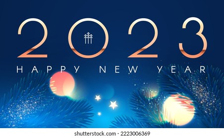 Happy new 2023 year Elegant gold text with fir tree branches and light effects