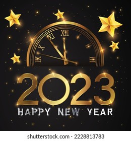 Happy new 2023 year Elegant gold text with fireworks, clock and light. Minimalistic text template.