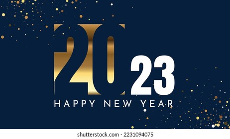 Happy new 2023 year. Elegant gold text with particles, Minimalistic text template