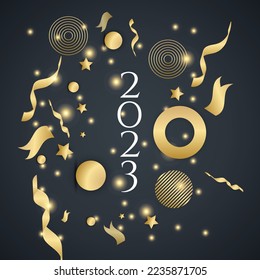 Happy new 2023 year elegant gold text with light. Minimal text template on black background
