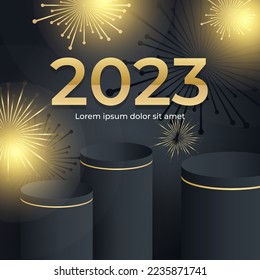 Happy new 2023 year elegant gold text with light. Minimal text template on black background