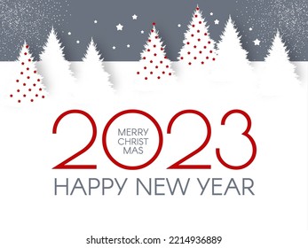 Happy New 2023 Year flyer design template. Elegant white card with Christmas trees. Coniferous forest.