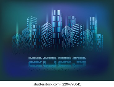 Happy New 2023 Year in Futuristic Night City, cityscape architecture banner, vector illustration	