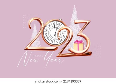 Happy New 2023 Year! Golden text with gift boxes and fir tree.