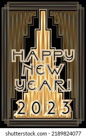 Happy New 2023 year , golden VIP card in style art deco, vector illustration	