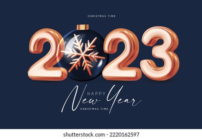 Happy New 2023 Year! Golden text with glass balls and snowflakes.