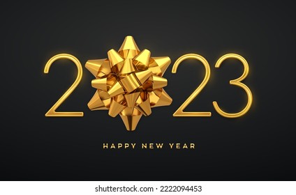 Happy New 2023 Year. Golden metallic luxury numbers 2023 with golden gift bow. Realistic sign for greeting card. Festive poster or holiday banner design. Vector illustration.