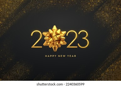 Happy New 2023 Year. Golden metallic luxury numbers 2023 with golden gift bow on shimmering background. Greeting card. Bursting backdrop with glitters. Festive poster or banner. Vector illustration.