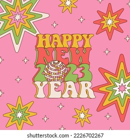 Happy New 2023 Year - groovy typography lettering card with retro disco ball, sparkler and stars on retro pink background. Colorful vintage 70s greeting card, sticker, banner. Vector illustration. svg