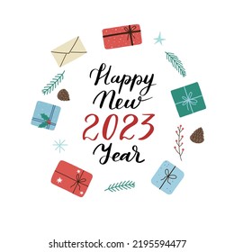 Happy New 2023 Year hand drawn lettering, Christmas and New Year symbols: gift, cone, tree. Vector illustration.