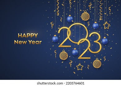 Happy New 2023 Year. Hanging Golden metallic numbers 2023 with shining 3D metallic stars, balls and confetti on blue background. New Year greeting card, banner template. Realistic Vector illustration.