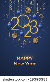 Happy New 2023 Year. Hanging Golden metallic numbers 2023 with shining 3D metallic stars, balls and confetti on blue background. New Year greeting card, banner template. Realistic Vector illustration.