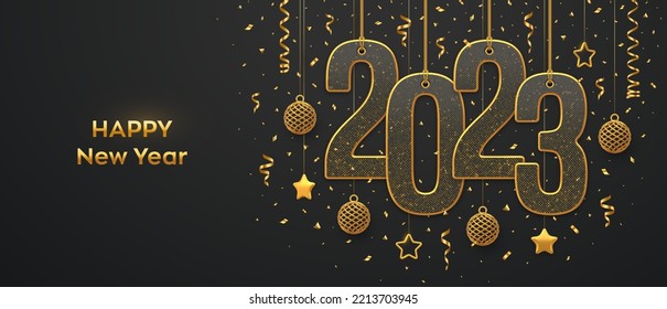 Happy New 2023 Year. Hanging on gold ropes numbers 2023 with shining 3D metallic stars, balls and confetti on black background. New Year greeting card, banner template. Realistic Vector illustration.