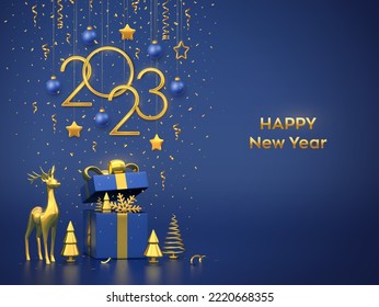 Happy New 2023 Year. Hanging golden metallic numbers 2023 with stars, snowflake, balls on blue background. Open gift box, gold deer and golden metallic pine or fir, spruce trees. Vector illustration.