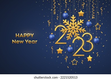 Happy New 2023 Year. Hanging Golden metallic numbers 2023 with shining snowflake and confetti on blue background. New Year greeting card or banner template. Holiday decoration. Vector illustration.