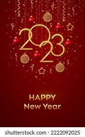 Happy New 2023 Year. Hanging Golden metallic numbers 2023 with shining 3D metallic stars, balls and confetti on red background. New Year greeting card, banner template. Realistic Vector illustration.