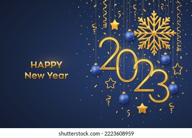 Happy New 2023 Year. Hanging Golden metallic numbers 2023 with shining snowflake and confetti on blue background. New Year greeting card or banner template. Holiday decoration. Vector illustration.