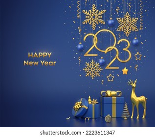 Happy New 2023 Year. Hanging golden metallic numbers 2023 with snowflakes, stars, balls on blue background. Gift boxes, gold deer and metallic pine or fir, cone shape spruce trees. Vector illustration