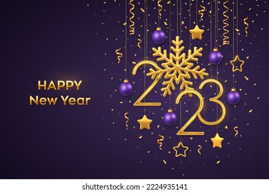 Happy New 2023 Year. Hanging Golden metallic numbers 2023 with shining snowflake and confetti on purple background. New Year greeting card or banner template. Holiday decoration. Vector illustration.