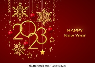 Feliz Año Nuevo 2023. Colgando números metálicos dorados 2023 con copos de nieve brillantes, estrellas metálicas 3D, bolas y confeti sobre fondo rojo. Tarjeta de saludo de Año Nuevo o plantilla de banner. Vector.