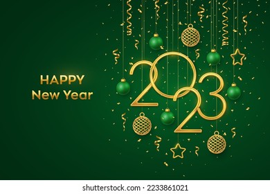 Happy New 2023 Year. Hanging Golden metallic numbers 2023 with shining 3D metallic stars, balls, confetti on green background. New Year greeting card, banner template. Realistic Vector illustration.