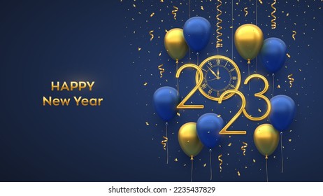 Happy New 2023 Year. Hanging Golden metallic numbers 2023, watch with Roman numeral and countdown midnight with 3D festive helium balloons and falling confetti on blue background. Vector illustration.