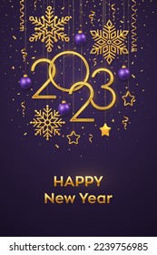 Happy New 2023 Year. Hanging Golden metallic numbers 2023 with shining snowflakes, 3D metallic stars, balls and confetti on purple background. New Year greeting card or banner template. Vector.