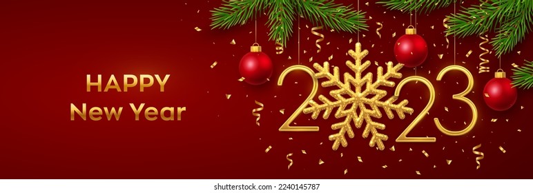 Happy New 2023 Year. Hanging Golden metallic numbers 2023 with snowflake, balls, pine branches and confetti on red background. New Year greeting card or banner template. Holiday decoration. Vector.