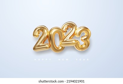 Happy New 2023 Year. Holiday vector illustration of golden metallic numbers 2023 isolated on white background. Realistic 3d sign. Festive poster or banner design