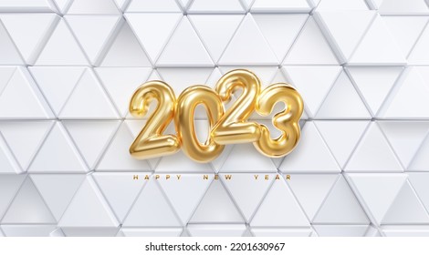 Happy New 2023 Year. Holiday vector illustration of golden metallic numbers 2023. Realistic 3d sign on white random triangle mosaic background. Festive poster or banner design