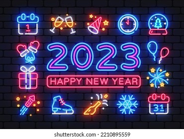 Happy new 2023 year in Neon style. New year neon for flyer design. Brochure creative design. Template design. Vector illustration