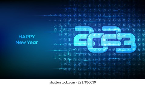 Happy New 2023 Year. Numbers 2023 made with binary code. Digital binary data and streaming digital code background. Matrix background with digits 1.0. Vector illustration.