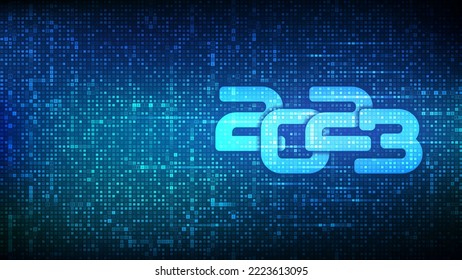 Happy New 2023 Year. Numbers 2023 made with binary code. Digital binary data and streaming digital code background. Matrix background with digits 1.0. Vector illustration.