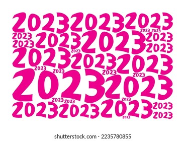 Happy New 2023 Year pattern. Magenta color. Banner, cover or card. Isolated on white background.
