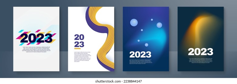 Happy New 2023 Year posters set. Typography geometric logo 2023 for branding, banner, cover, invitation card.