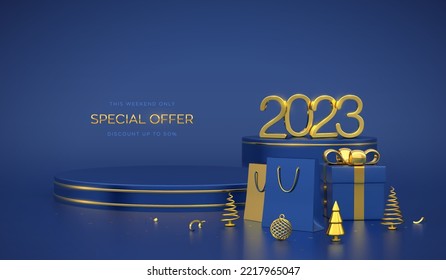 Happy New 2023 Year SALE banner. Scene and 3D round platforms on blue background. Golden metallic numbers 2023. Pedestal with gift box with gold bow and shopping bags, pine, cone spruce trees. Vector.