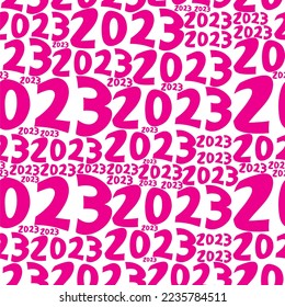 Happy New 2023 Year seamless pattern. Magenta color. Wrapping paper, textile, print, fabric. Distort numbers.