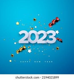 Happy New 2023 Year. Vector holiday illustration of paper cut 2023 numbers with sparkling confetti particles, golden stars and streamers. Festive event banner. Decoration for poster or cover design